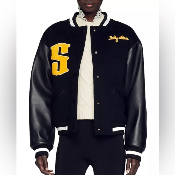 SANDRO Wool-Blend and Leather Varsity Jacket Sz 36/ US S - Picture 5 of 16